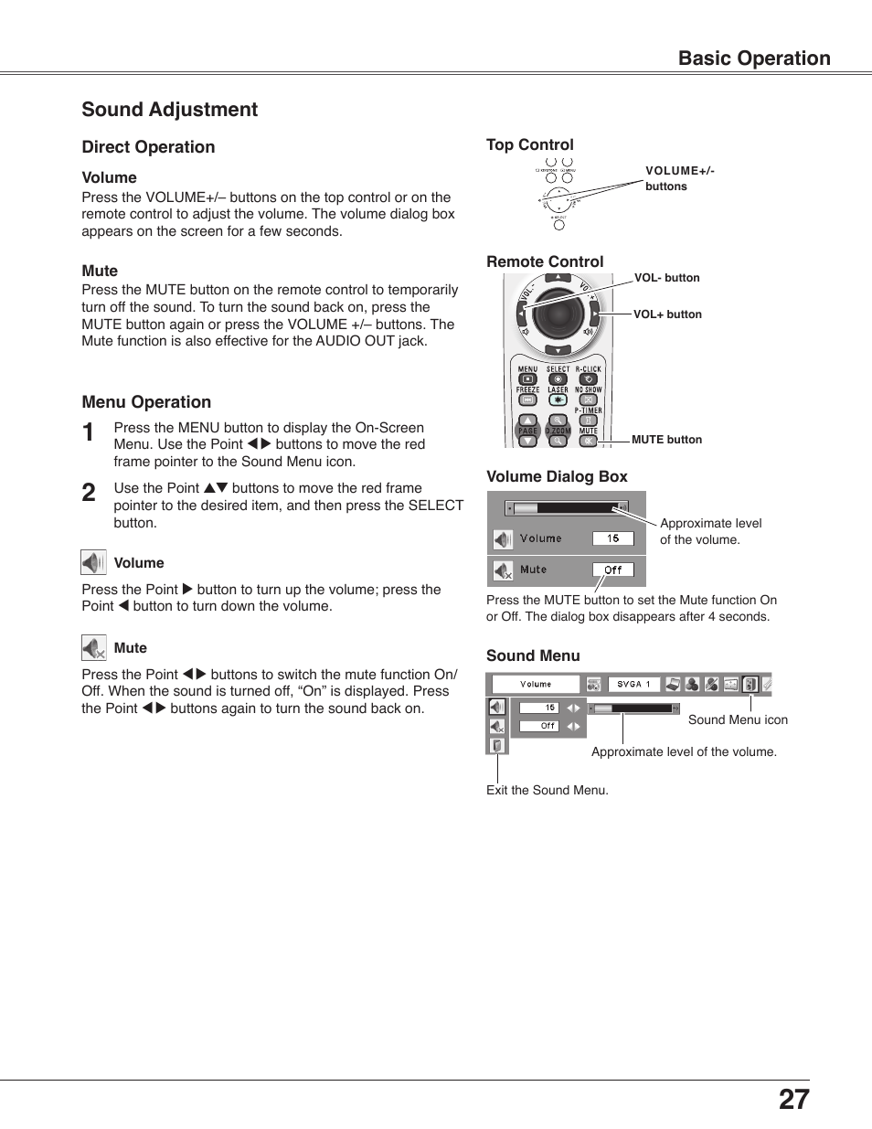 Sound adjustment, Basic operation | Sanyo PLC-WXU30 User Manual | Page 27 / 82