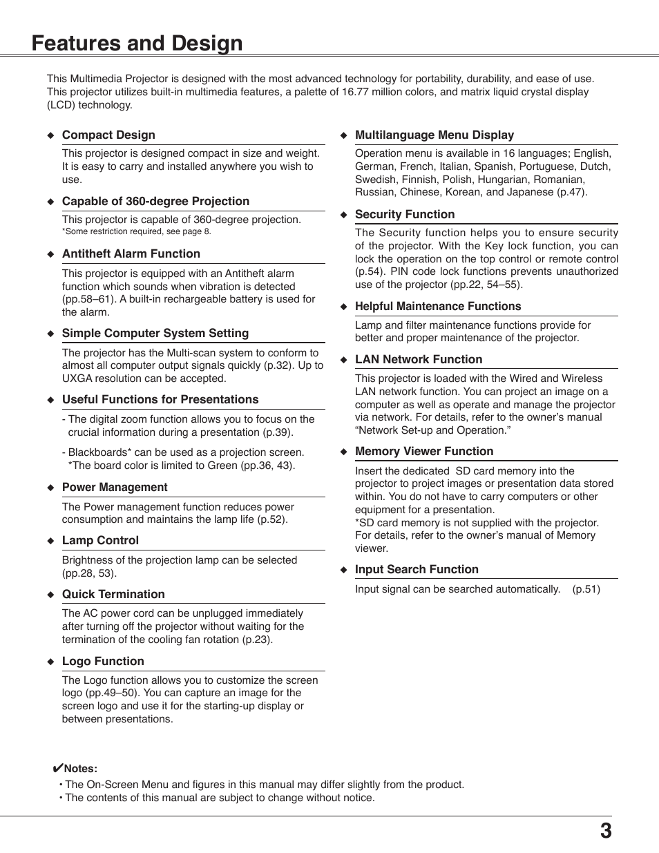 Features and design, 3features and design | Sanyo PLC-WXU30 User Manual | Page 3 / 82