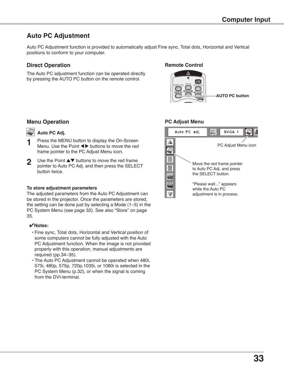 Auto pc adjustment, Computer input | Sanyo PLC-WXU30 User Manual | Page 33 / 82