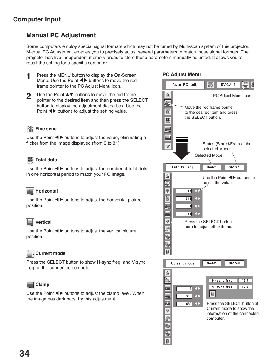 Manual pc adjustment, Computer input | Sanyo PLC-WXU30 User Manual | Page 34 / 82