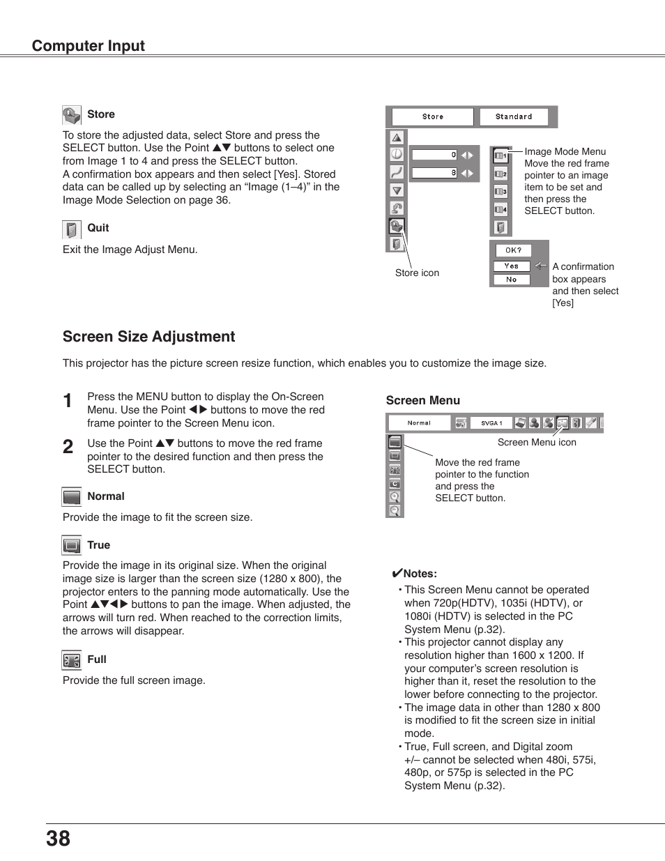 Screen size adjustment, Computer input | Sanyo PLC-WXU30 User Manual | Page 38 / 82