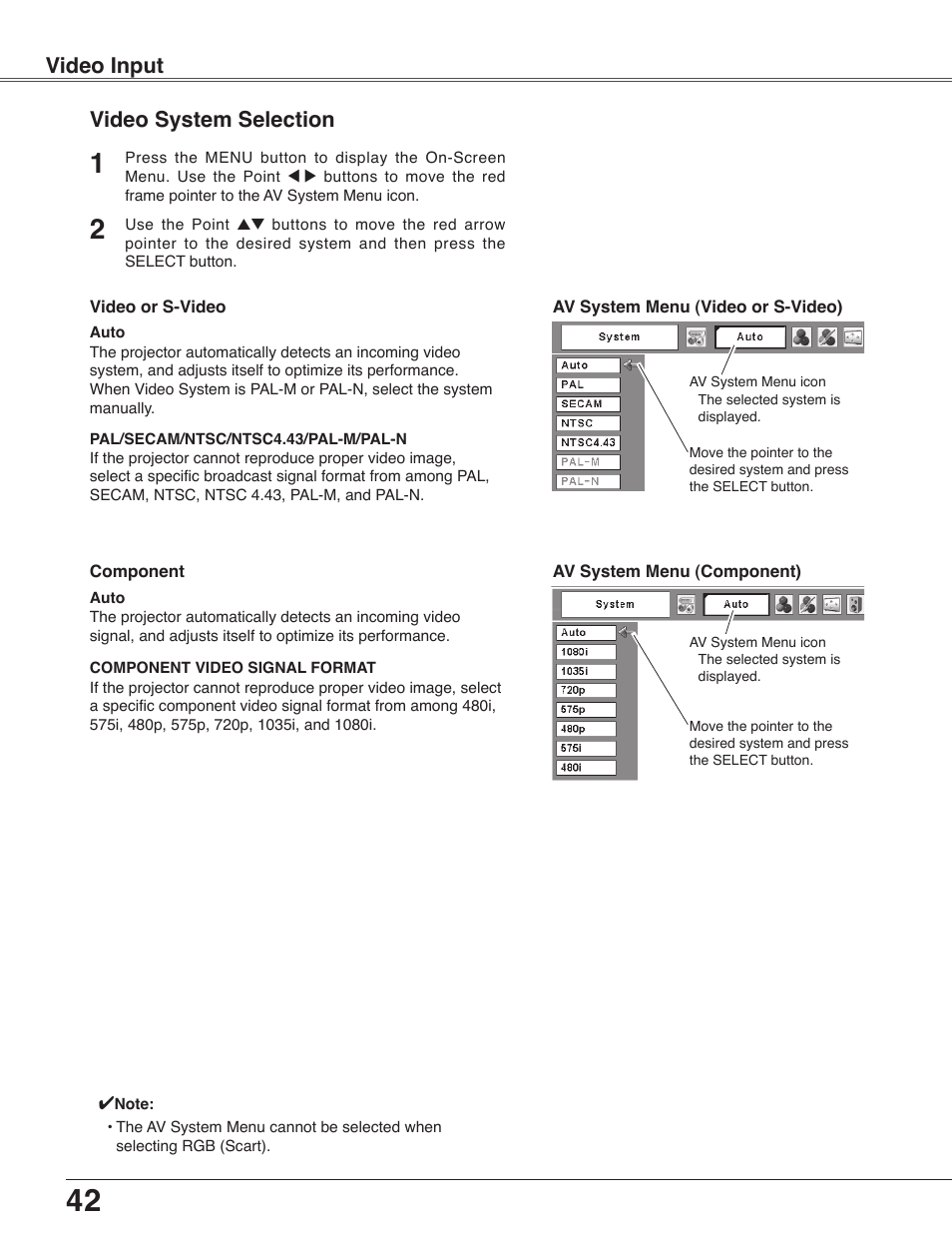 Video system selection, Video input video system selection | Sanyo PLC-WXU30 User Manual | Page 42 / 82