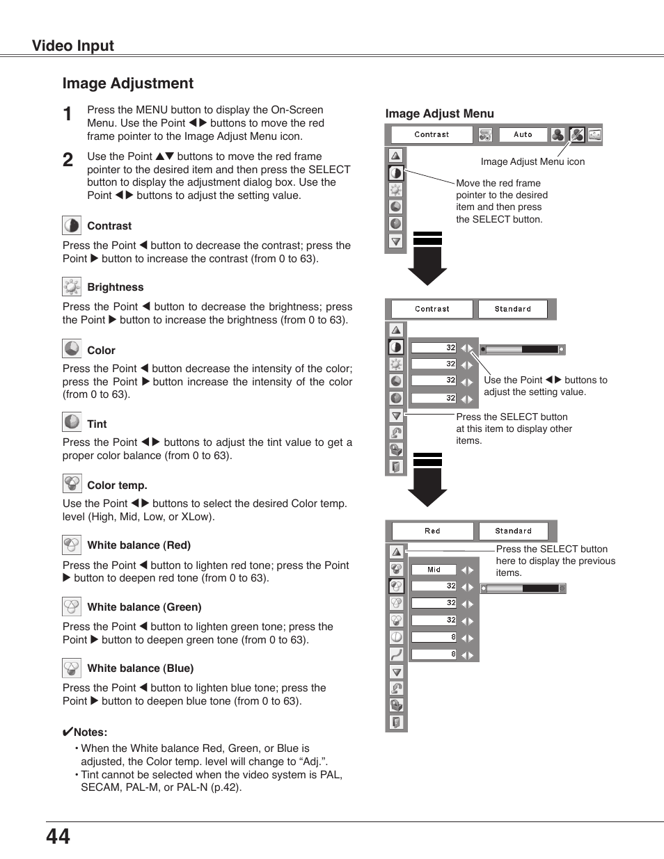 Image adjustment, Video input image adjustment | Sanyo PLC-WXU30 User Manual | Page 44 / 82