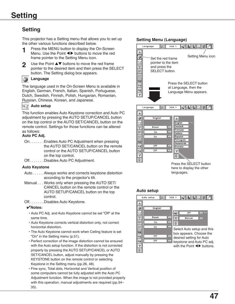 Setting | Sanyo PLC-WXU30 User Manual | Page 47 / 82