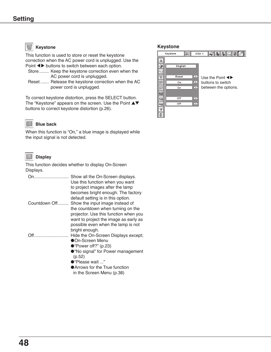 Setting | Sanyo PLC-WXU30 User Manual | Page 48 / 82