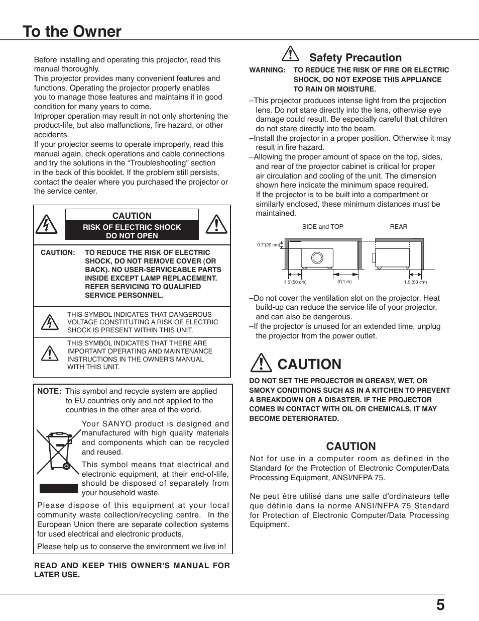 To the owner, 5to the owner, Caution | Safety precaution | Sanyo PLC-WXU30 User Manual | Page 5 / 82