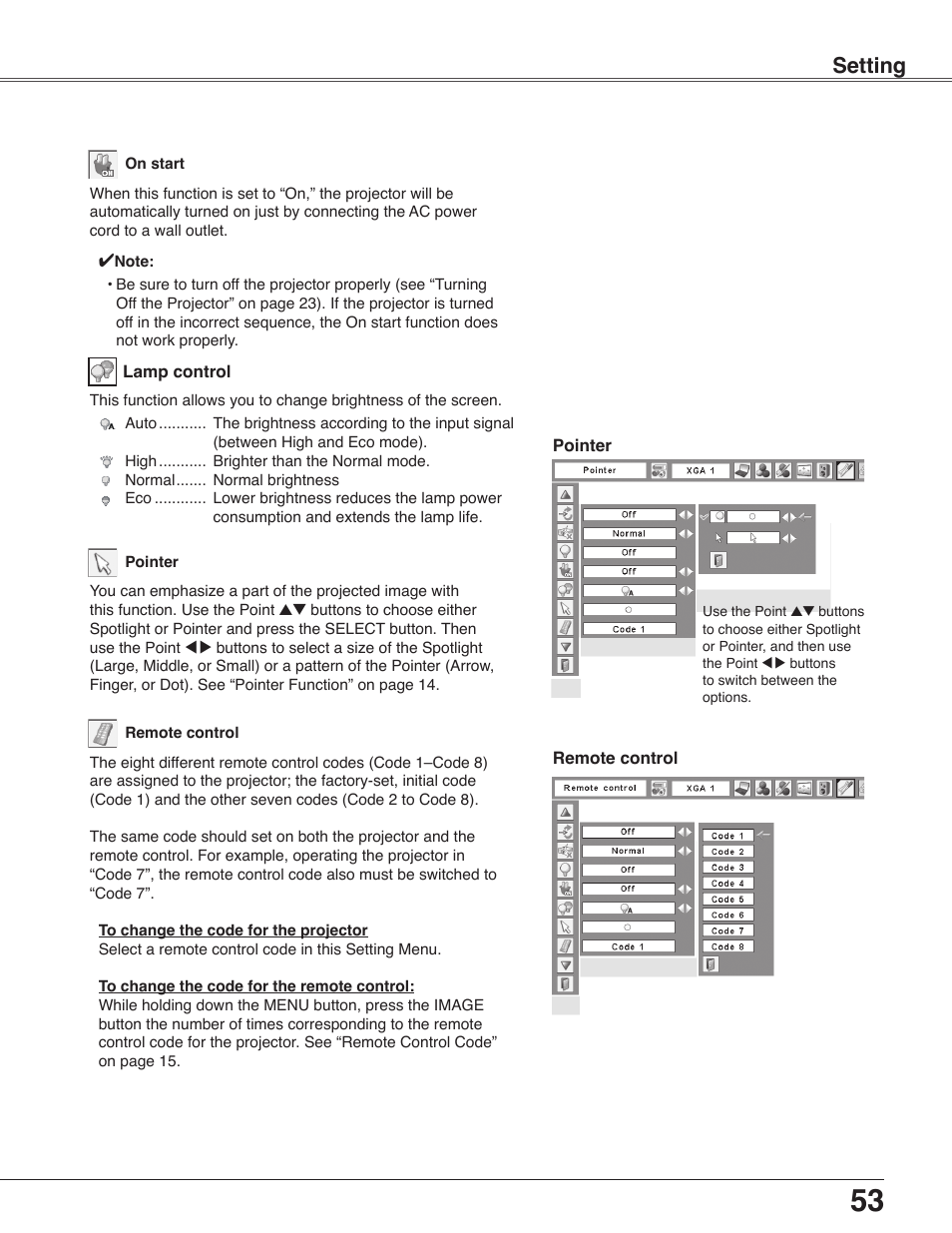 Setting | Sanyo PLC-WXU30 User Manual | Page 53 / 82