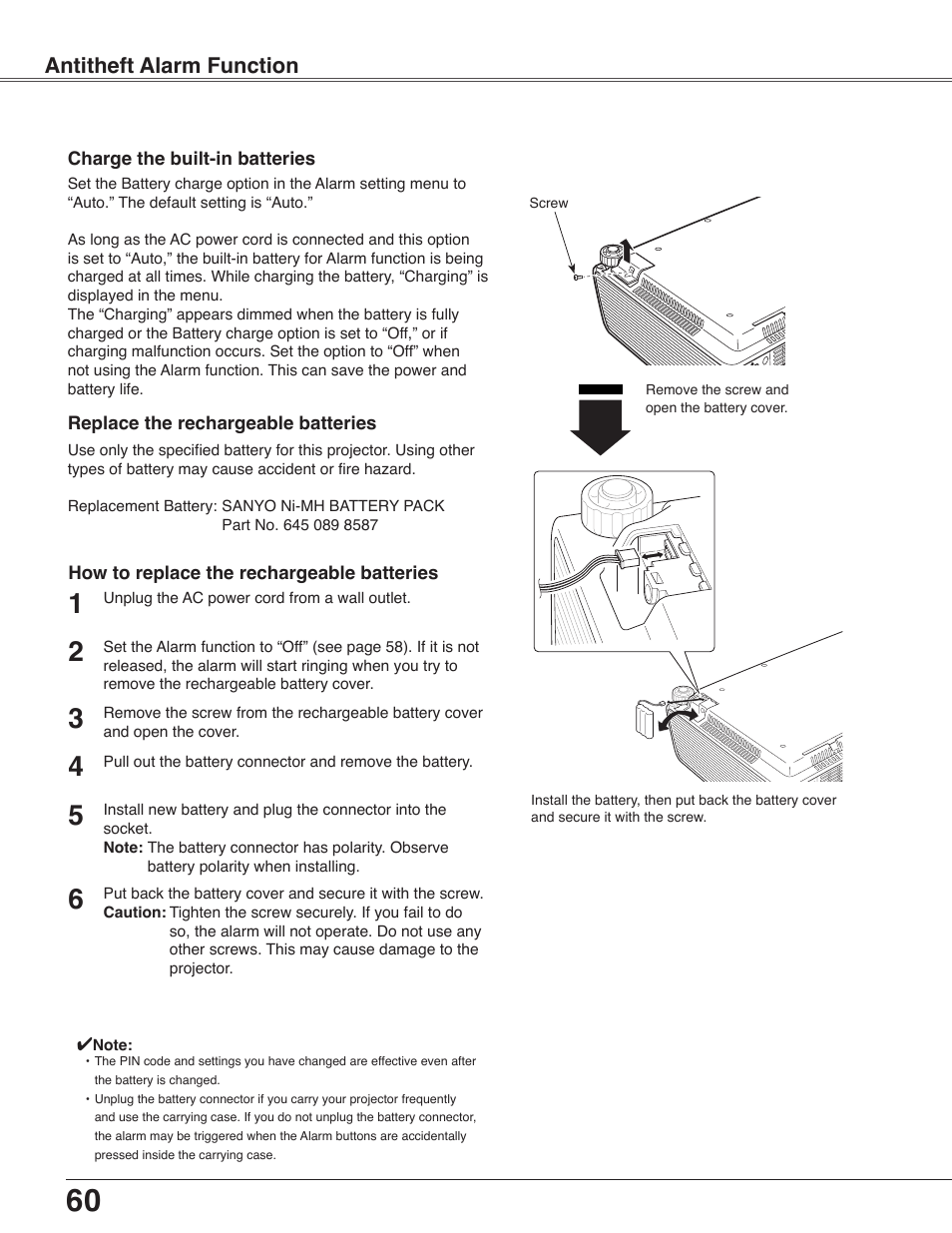 Charge the built-in batteries, Antitheft alarm function | Sanyo PLC-WXU30 User Manual | Page 60 / 82