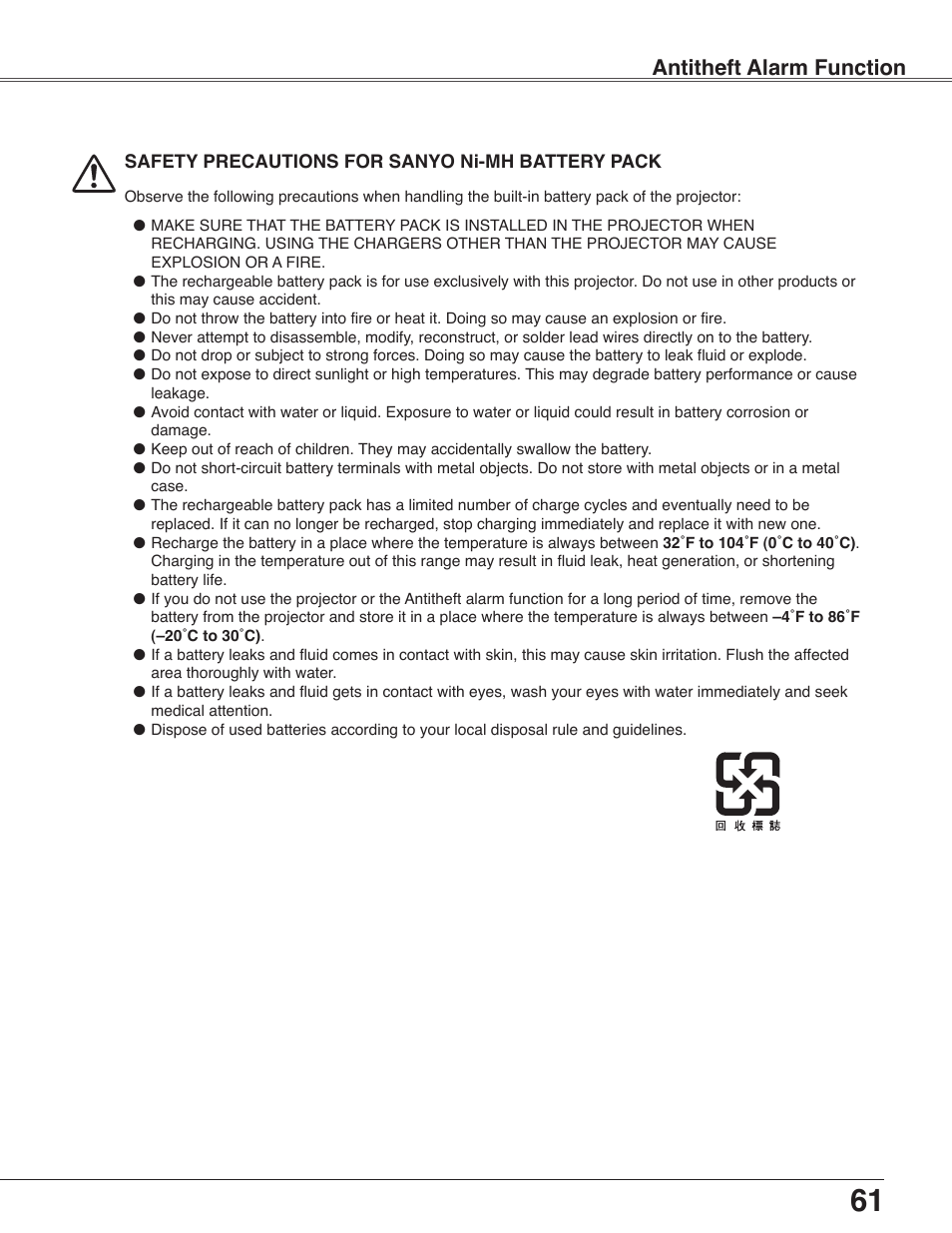 Antitheft alarm function | Sanyo PLC-WXU30 User Manual | Page 61 / 82