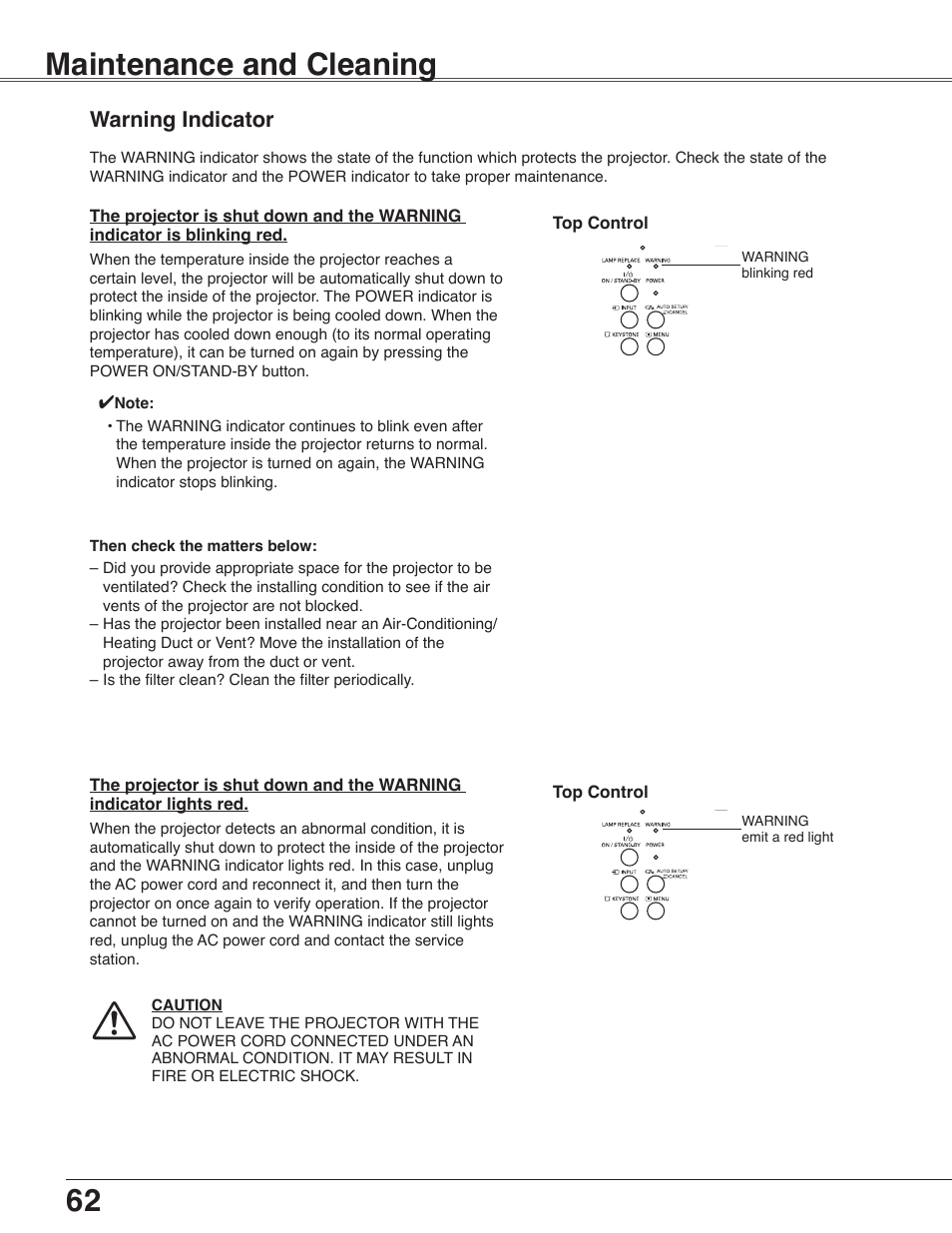 Maintenance and cleaning, Warning indicator | Sanyo PLC-WXU30 User Manual | Page 62 / 82