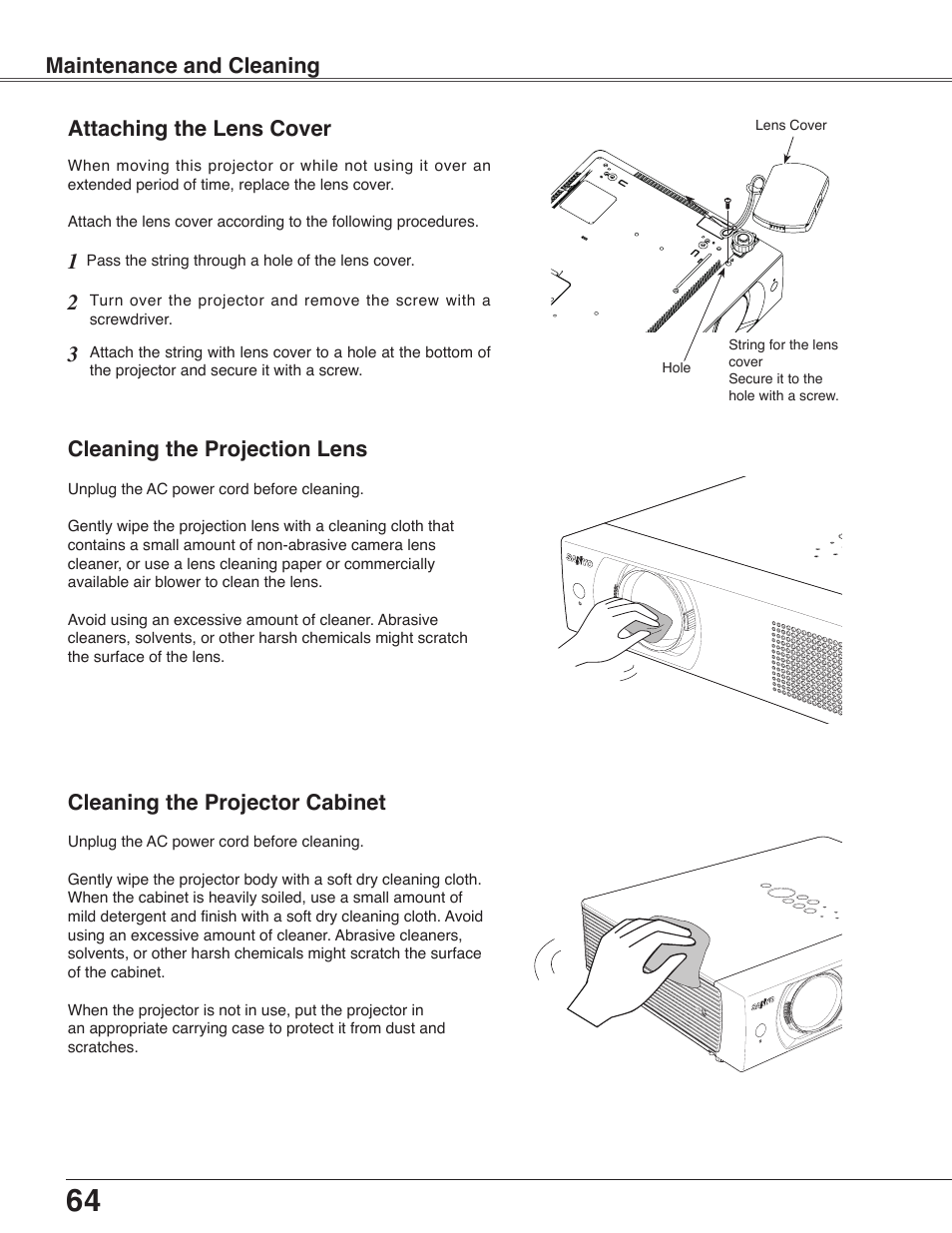 Cleaning the filter, Cleaning the projection lens, Cleaning the projector cabinet | Attaching the lens cover | Sanyo PLC-WXU30 User Manual | Page 64 / 82