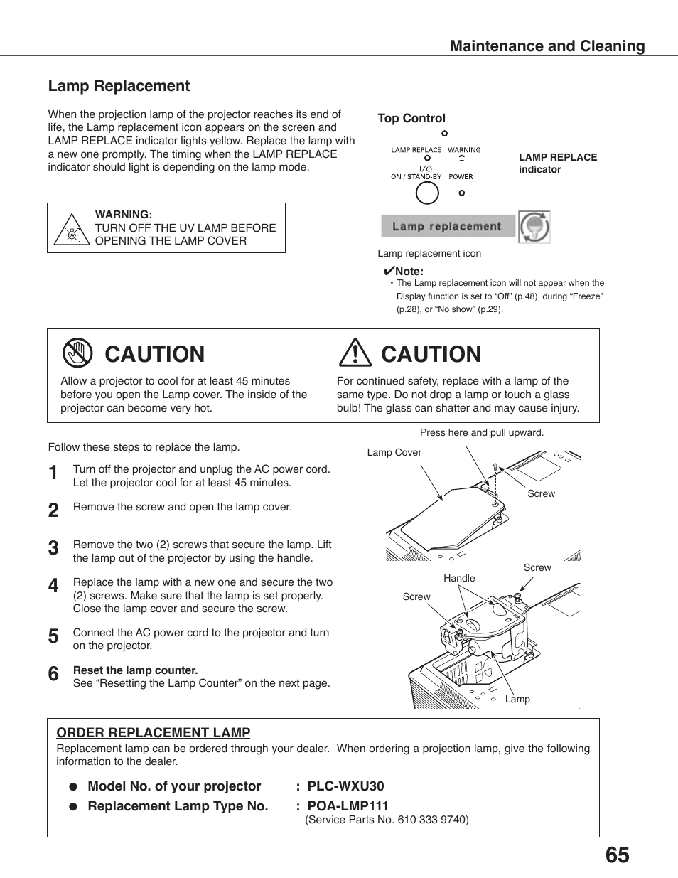 Lamp replacement, Caution, Maintenance and cleaning | Sanyo PLC-WXU30 User Manual | Page 65 / 82