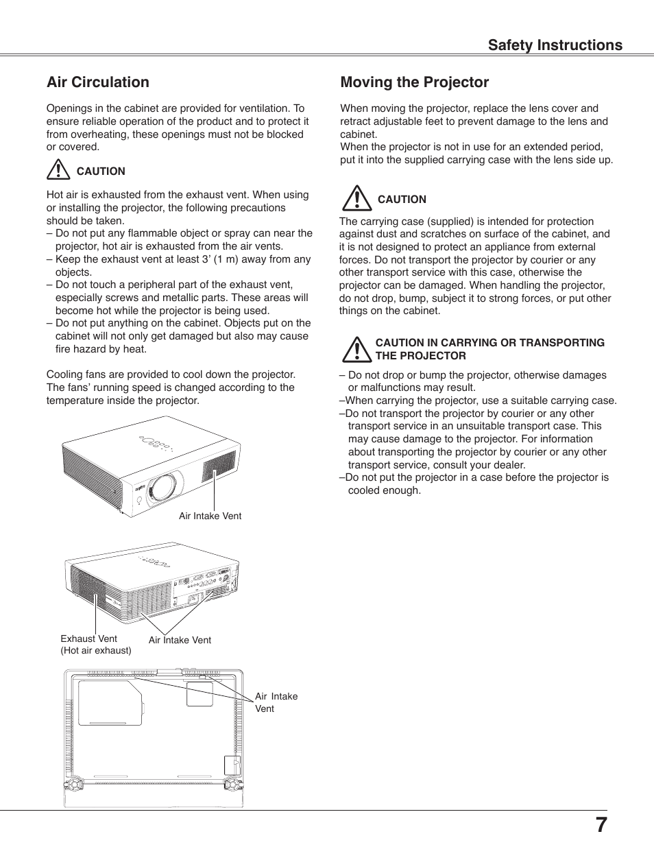 Air circulation, Moving the projector, Safety instructions | Sanyo PLC-WXU30 User Manual | Page 7 / 82