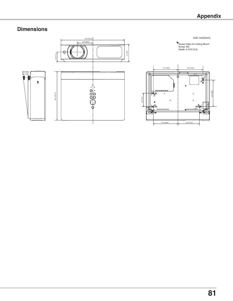 Dimensions, Dimensions 81, Appendix dimensions | Sanyo PLC-WXU30 User Manual | Page 81 / 82