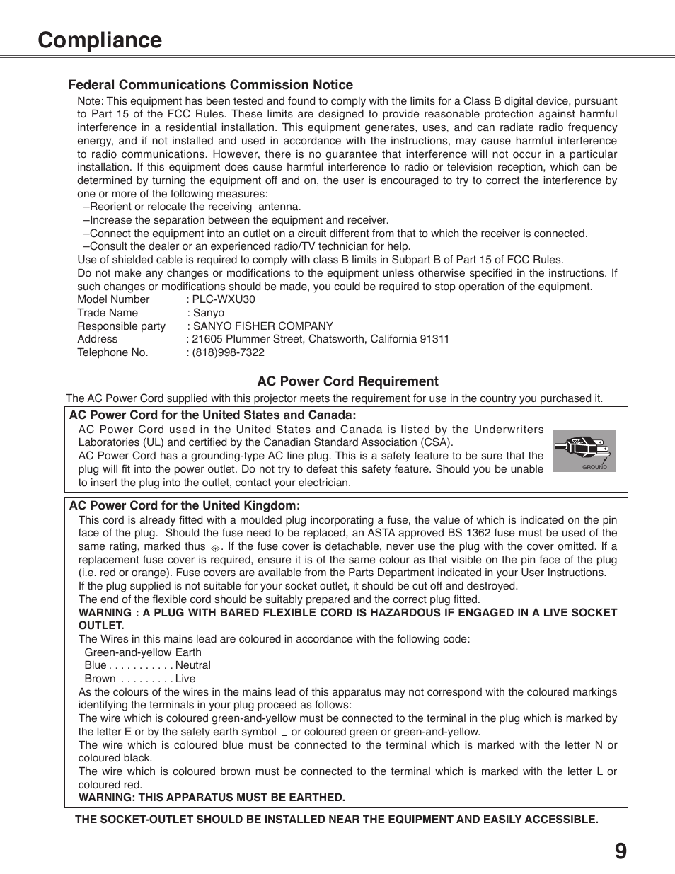 Compliance, 9compliance | Sanyo PLC-WXU30 User Manual | Page 9 / 82