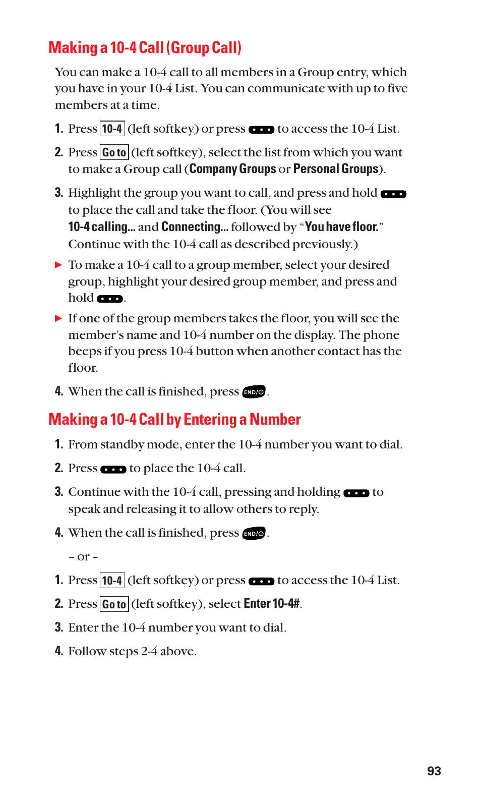 Making a 10-4 call (group call), Making a 10-4 call by entering a number | Sanyo BELL SCP-2400 User Manual | Page 101 / 140