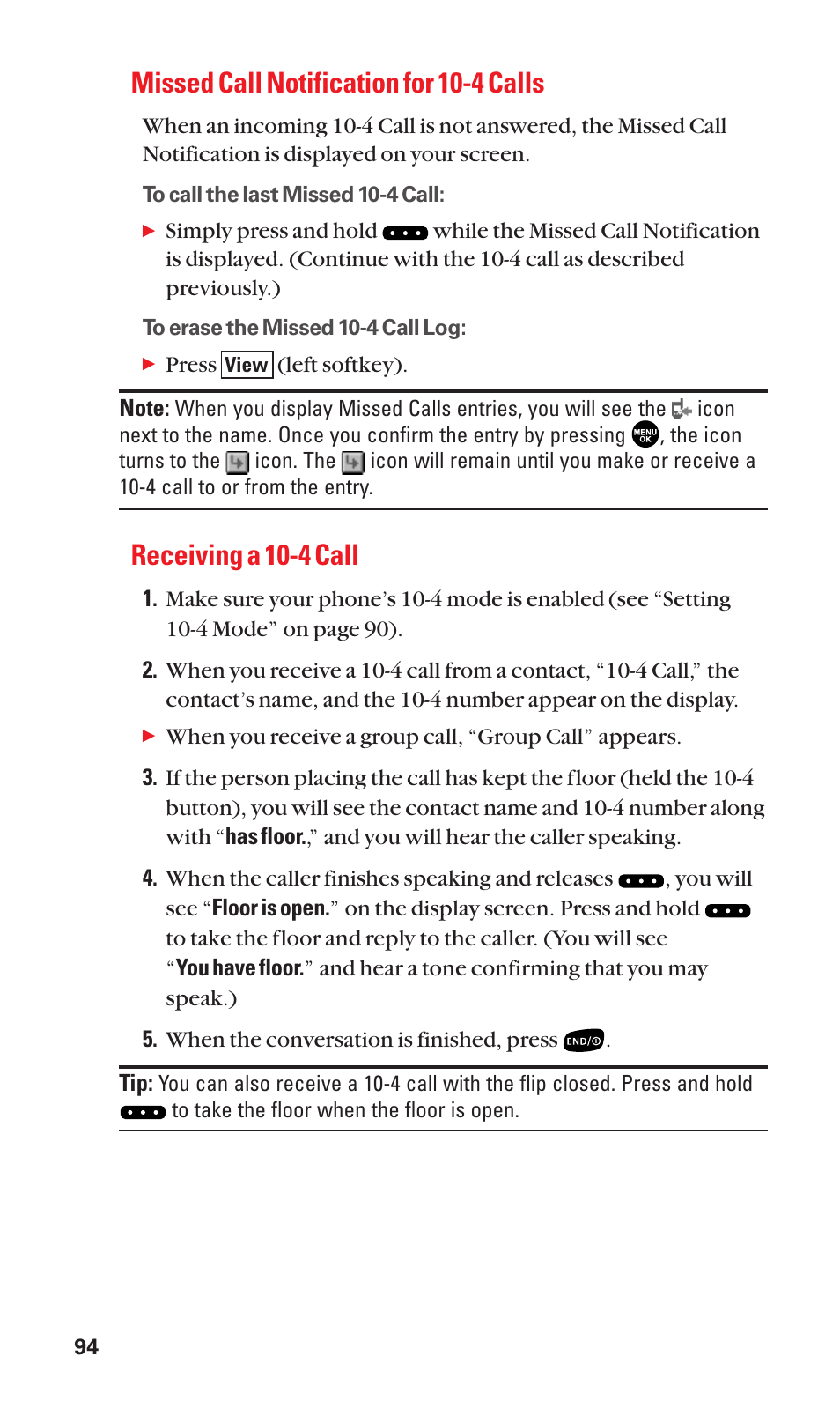Missed call notification for 10-4 calls, Receiving a 10-4 call | Sanyo BELL SCP-2400 User Manual | Page 102 / 140
