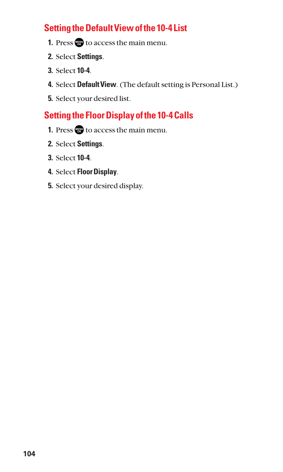 Setting the default view of the 10-4 list, Setting the floor display of the 10-4 calls | Sanyo BELL SCP-2400 User Manual | Page 112 / 140