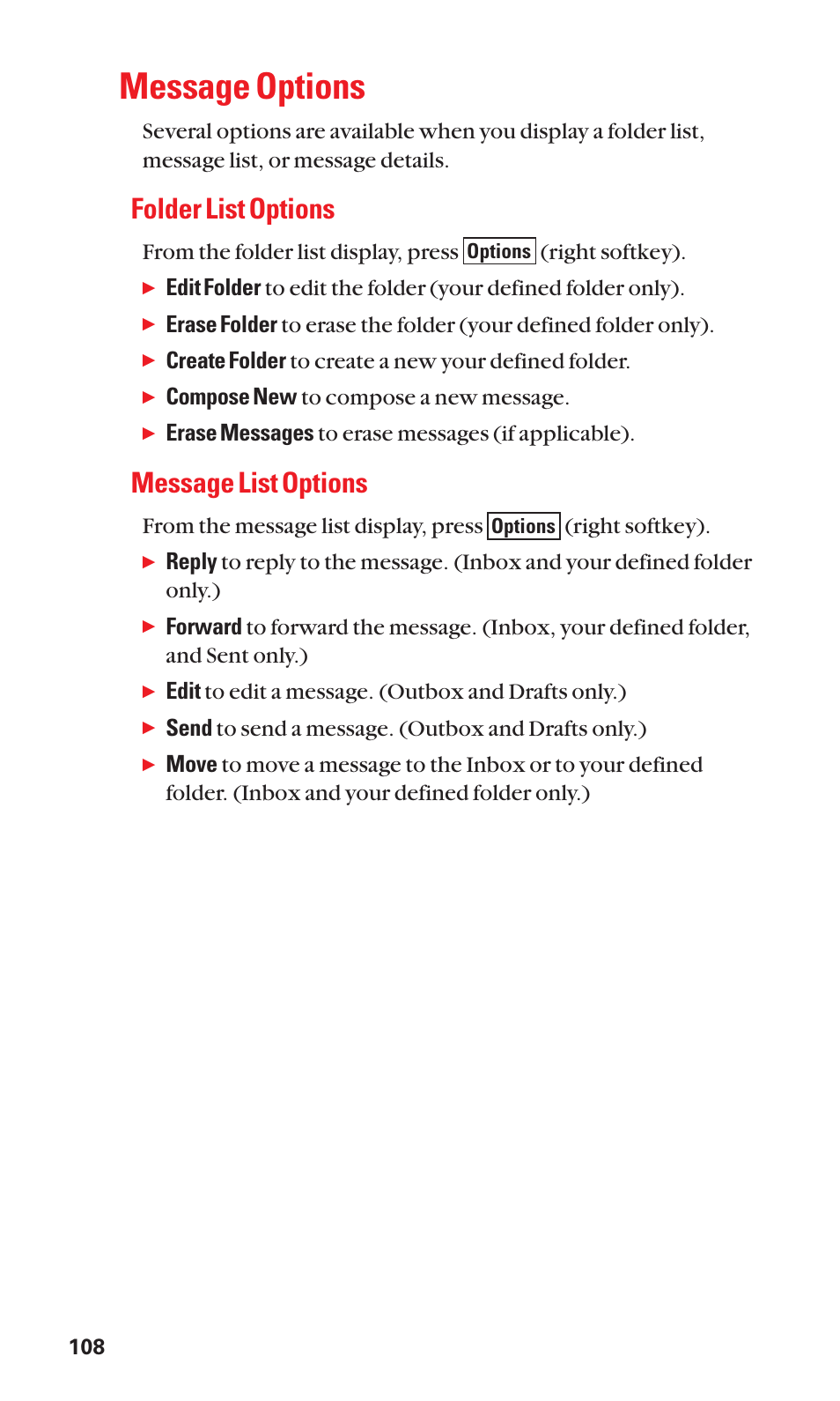 Message options, Folder list options, Message list options | Sanyo BELL SCP-2400 User Manual | Page 116 / 140