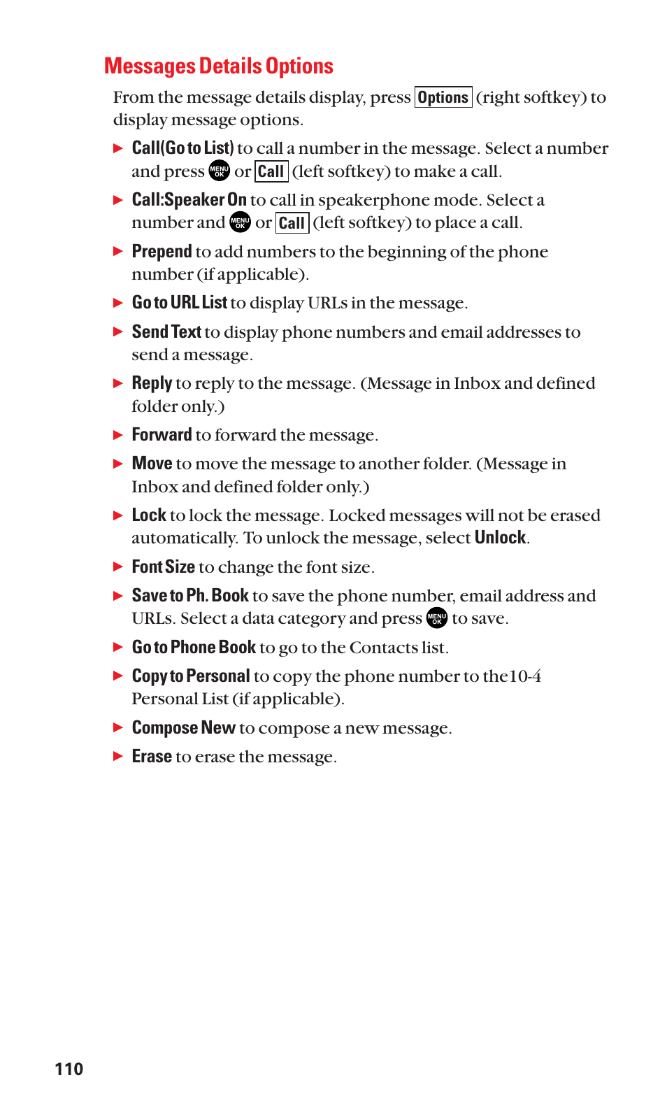 Messages details options, Go to url list to display urls in the message, Forward to forward the message | Font size to change the font size, Go to phone book to go to the contacts list, Compose new to compose a new message, Erase to erase the message | Sanyo BELL SCP-2400 User Manual | Page 118 / 140