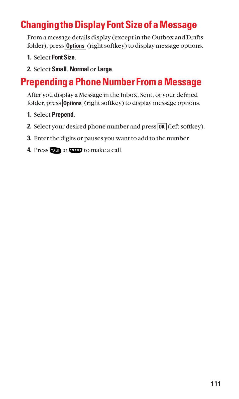 Changing the display font size of a message, Prepending a phone number from a message | Sanyo BELL SCP-2400 User Manual | Page 119 / 140