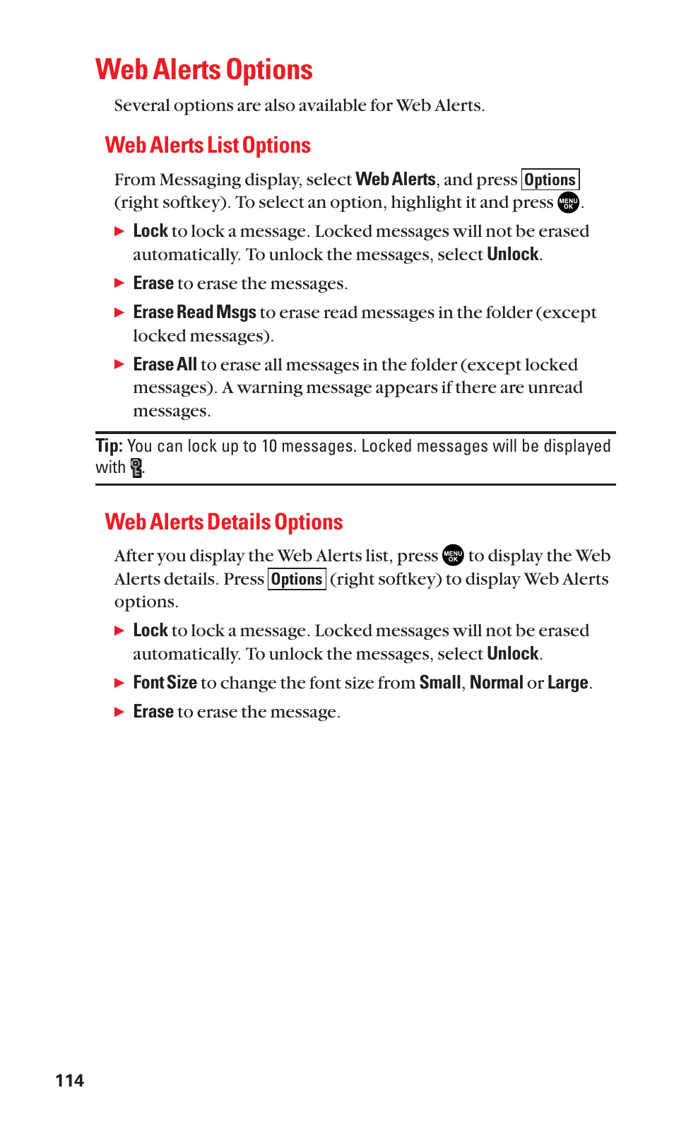 Web alerts options, Web alerts list options, Web alerts details options | Sanyo BELL SCP-2400 User Manual | Page 122 / 140