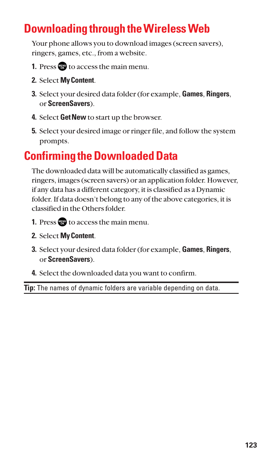 Downloading through the wireless web, Confirming the downloaded data | Sanyo BELL SCP-2400 User Manual | Page 131 / 140