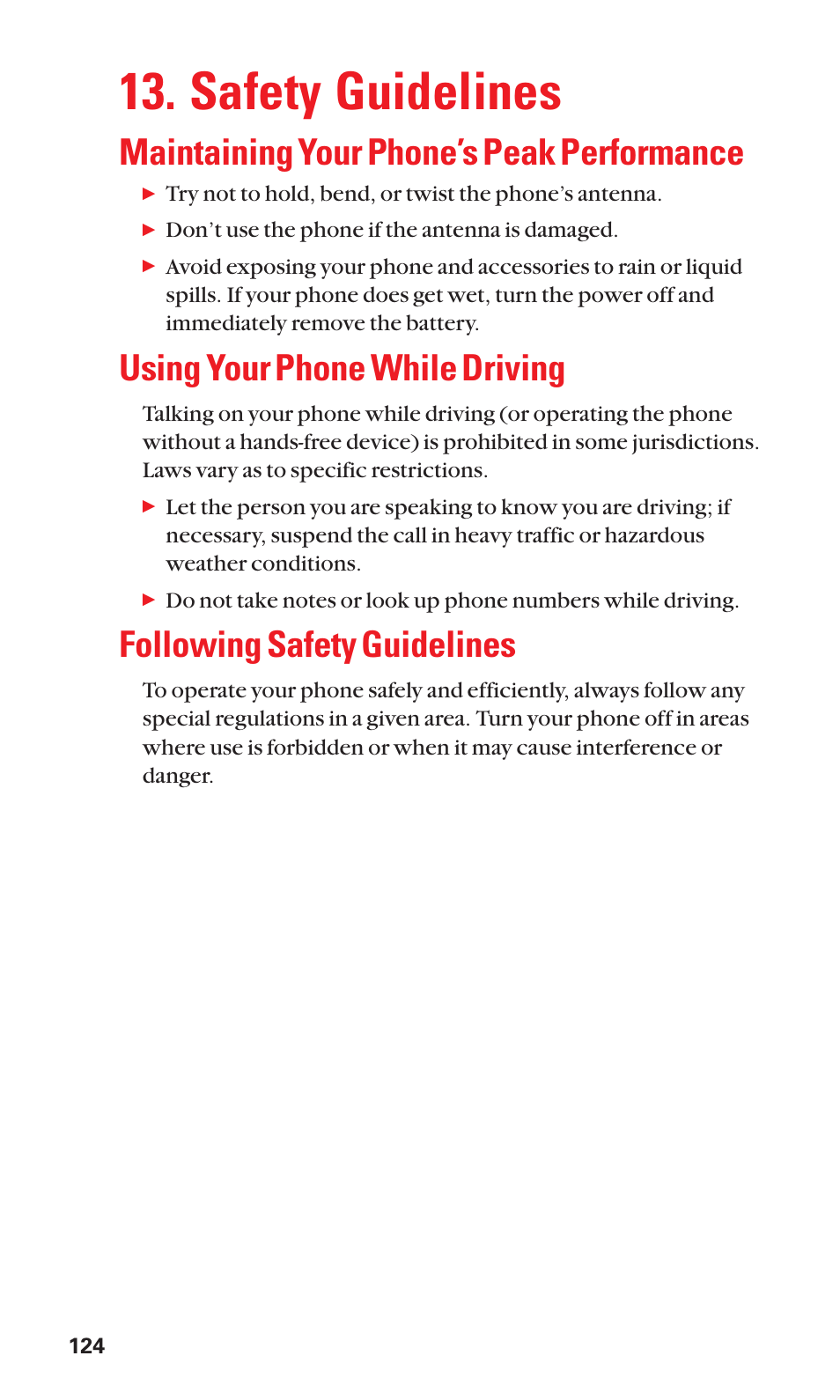 Safety guidelines, Maintaining your phone’s peak performance, Using your phone while driving | Following safety guidelines | Sanyo BELL SCP-2400 User Manual | Page 132 / 140