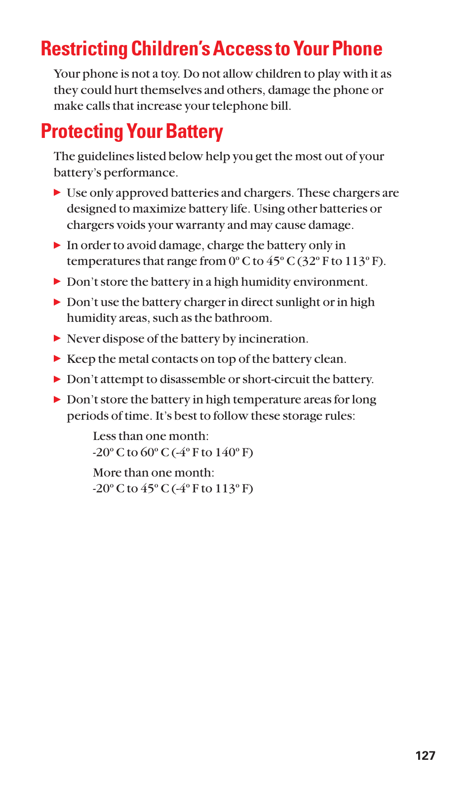 Restricting children’s access to your phone, Protecting your battery | Sanyo BELL SCP-2400 User Manual | Page 135 / 140