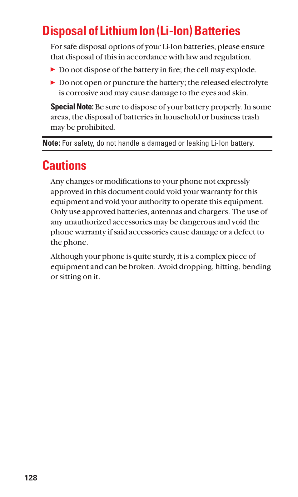 Disposal of lithium ion (li-ion) batteries, Cautions | Sanyo BELL SCP-2400 User Manual | Page 136 / 140