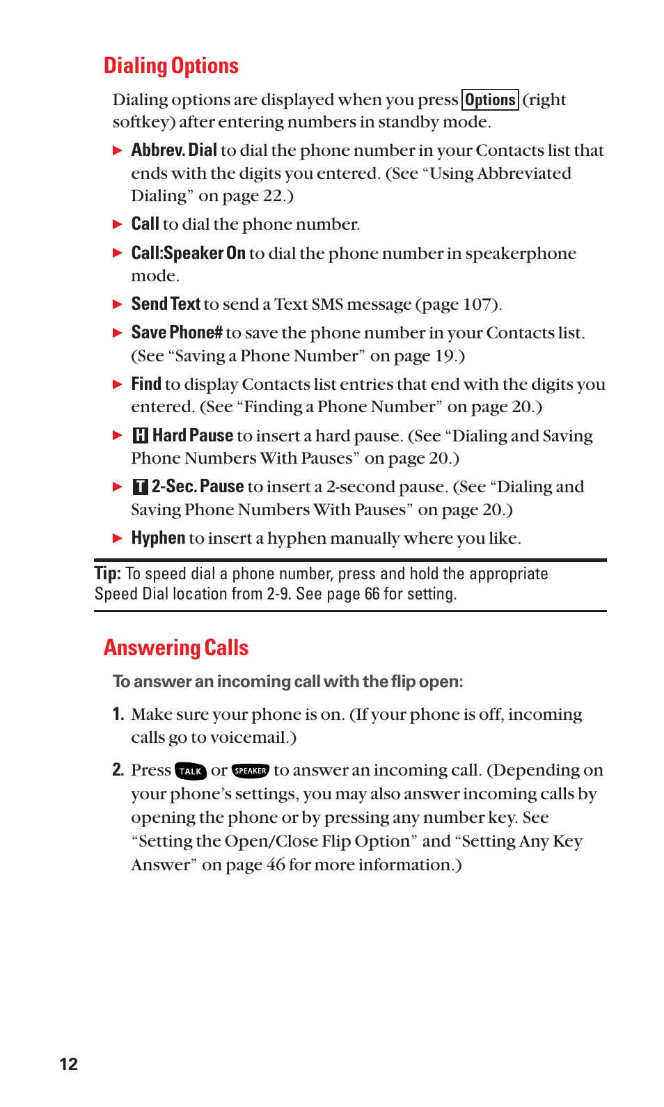 Dialing options, Answering calls | Sanyo BELL SCP-2400 User Manual | Page 20 / 140