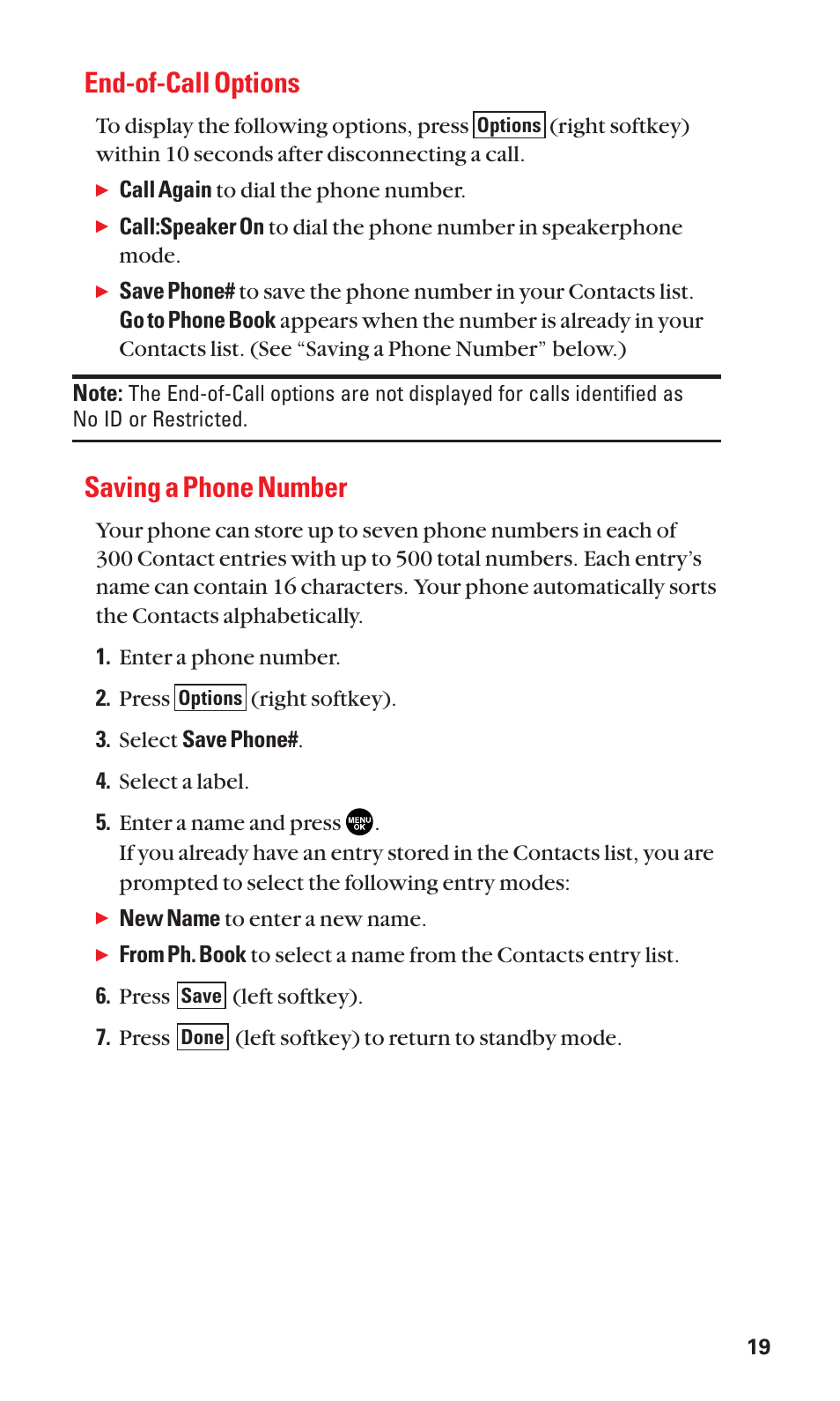 End-of-call options, Saving a phone number | Sanyo BELL SCP-2400 User Manual | Page 27 / 140