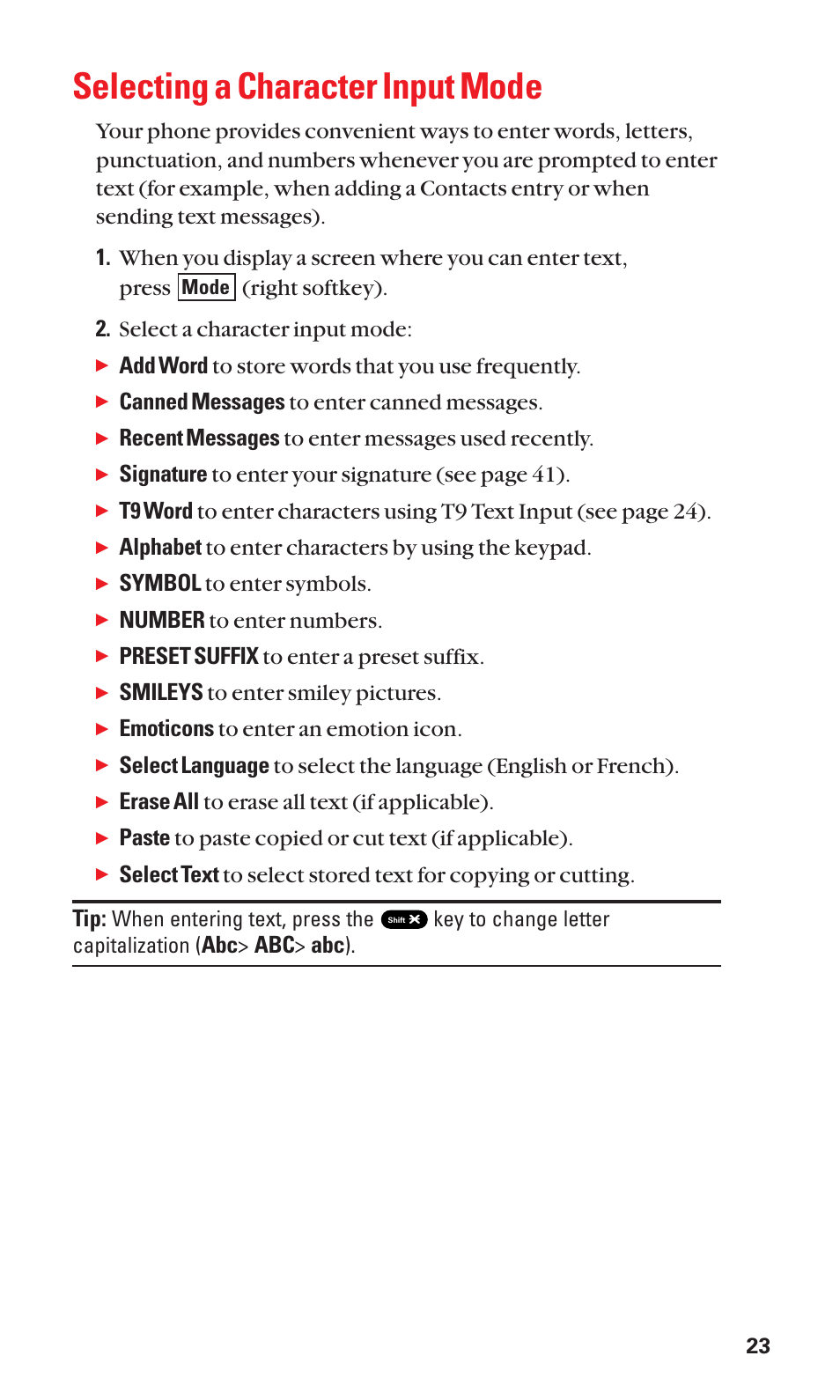 Selecting a character input mode, Add word to store words that you use frequently, Canned messages to enter canned messages | Recent messages to enter messages used recently, Signature to enter your signature (see page 41), Alphabet to enter characters by using the keypad, Symbol to enter symbols, Number to enter numbers, Preset suffix to enter a preset suffix, Smileys to enter smiley pictures | Sanyo BELL SCP-2400 User Manual | Page 31 / 140