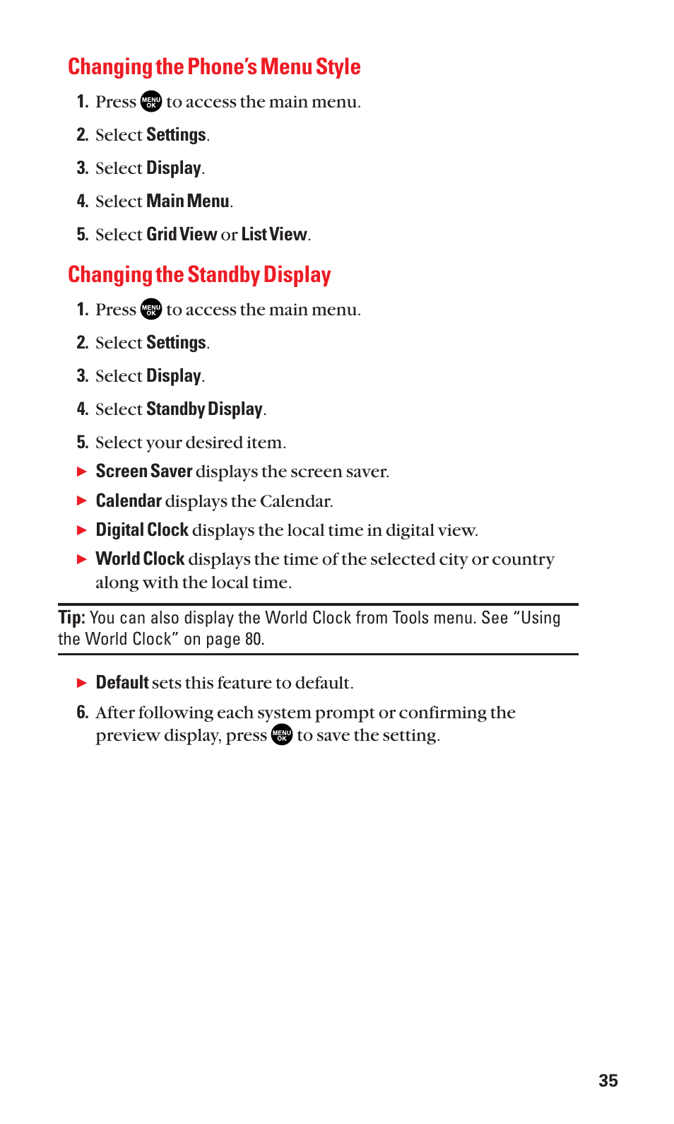 Changing the phone’s menu style, Changing the standby display | Sanyo BELL SCP-2400 User Manual | Page 43 / 140