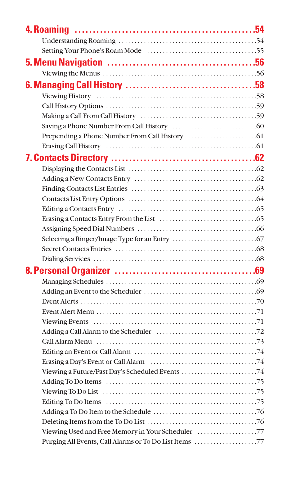 Roaming, Menu navigation, Managing call history | Contacts directory, Personal organizer | Sanyo BELL SCP-2400 User Manual | Page 5 / 140