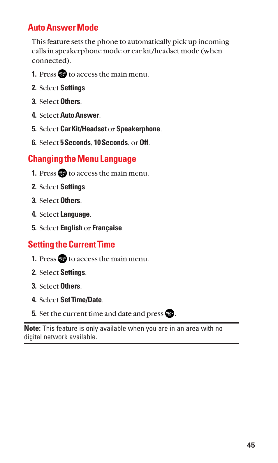 Auto answer mode, Changing the menu language, Setting the current time | Sanyo BELL SCP-2400 User Manual | Page 53 / 140