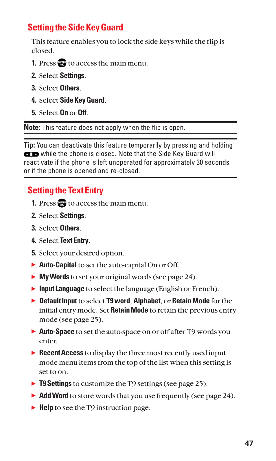 Setting the side key guard, Setting the text entry | Sanyo BELL SCP-2400 User Manual | Page 55 / 140