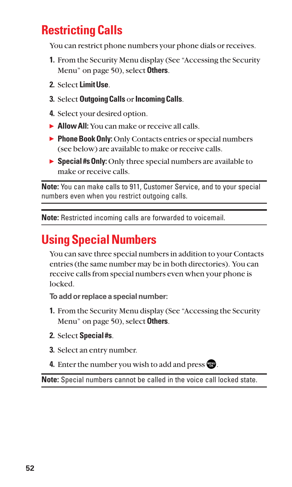 Restricting calls, Using special numbers | Sanyo BELL SCP-2400 User Manual | Page 60 / 140