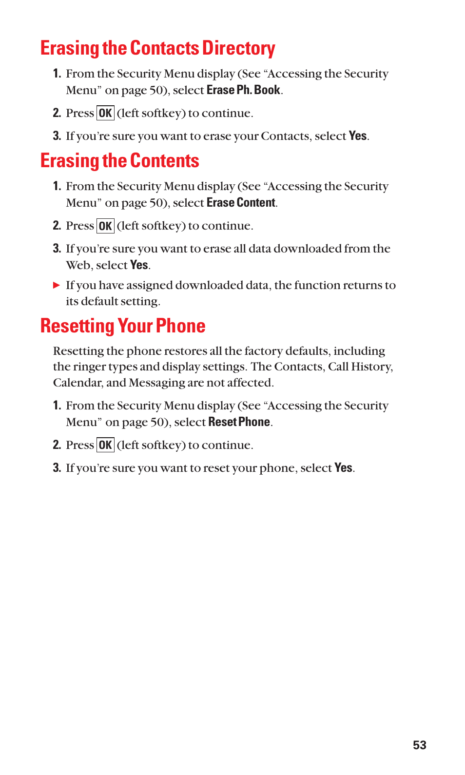 Erasing the contacts directory, Erasing the contents, Resetting your phone | Sanyo BELL SCP-2400 User Manual | Page 61 / 140