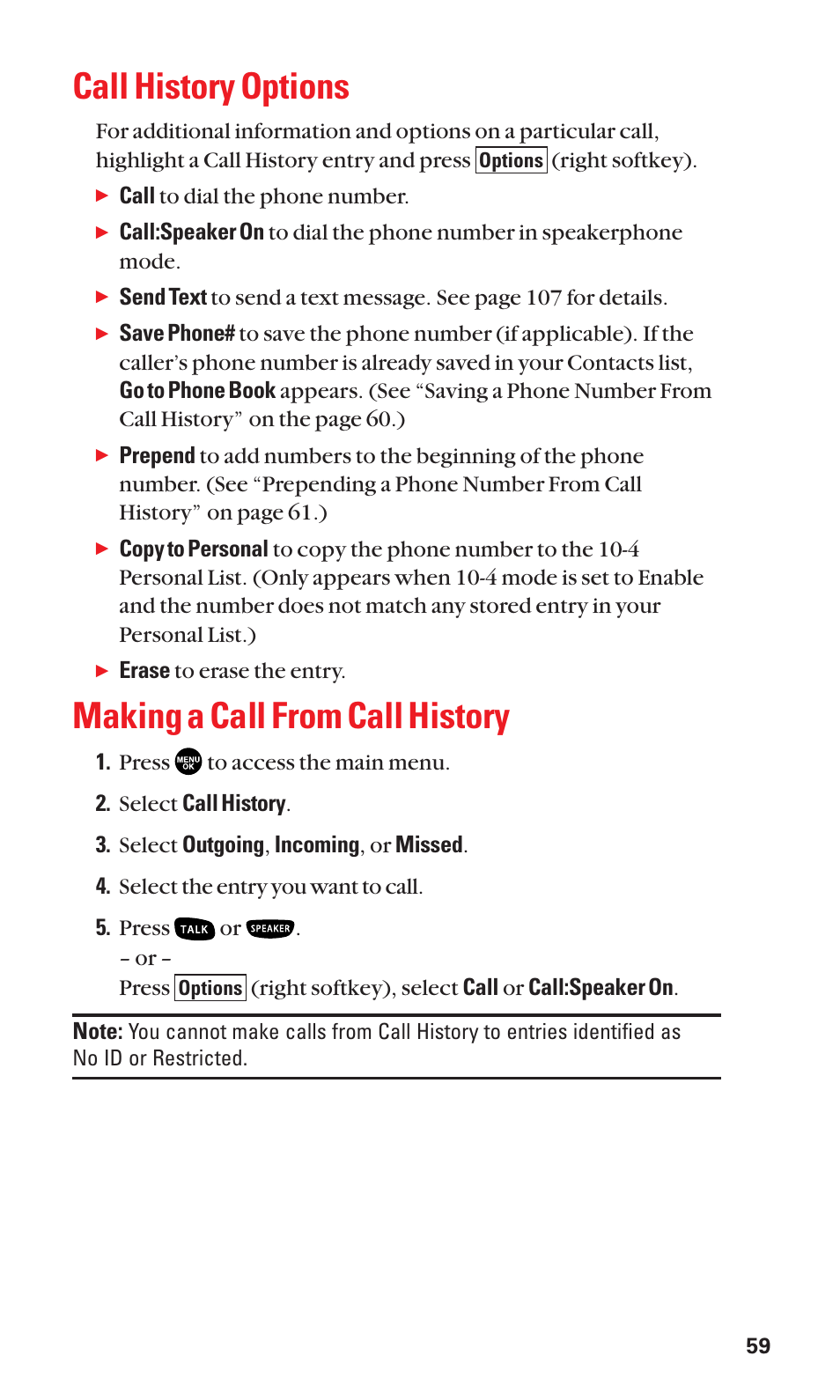 Call history options, Making a call from call history | Sanyo BELL SCP-2400 User Manual | Page 67 / 140