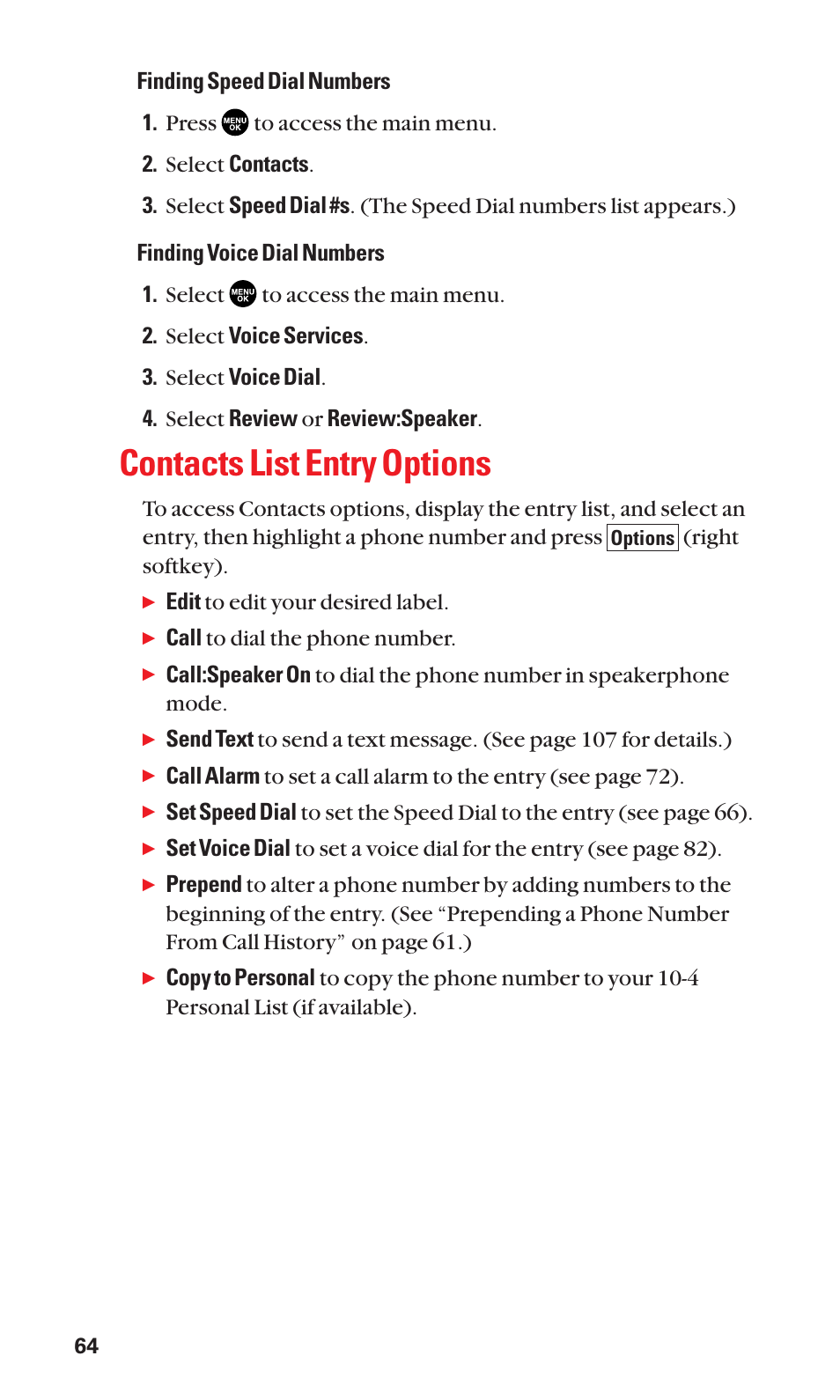 Contacts list entry options | Sanyo BELL SCP-2400 User Manual | Page 72 / 140