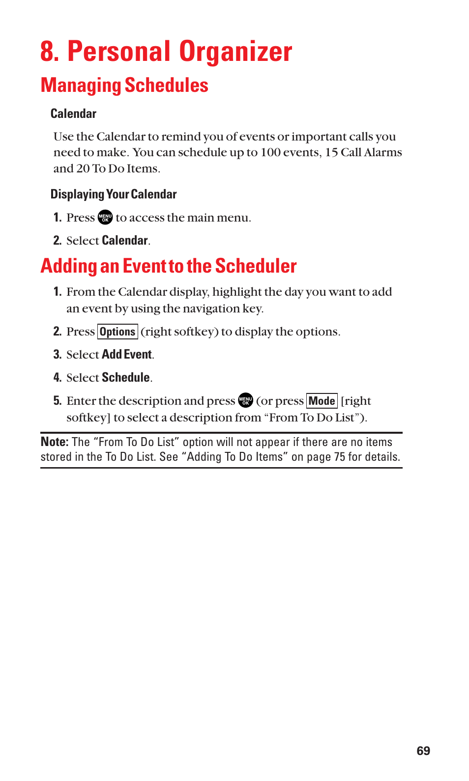 Personal organizer, Managing schedules, Adding an event to the scheduler | Sanyo BELL SCP-2400 User Manual | Page 77 / 140