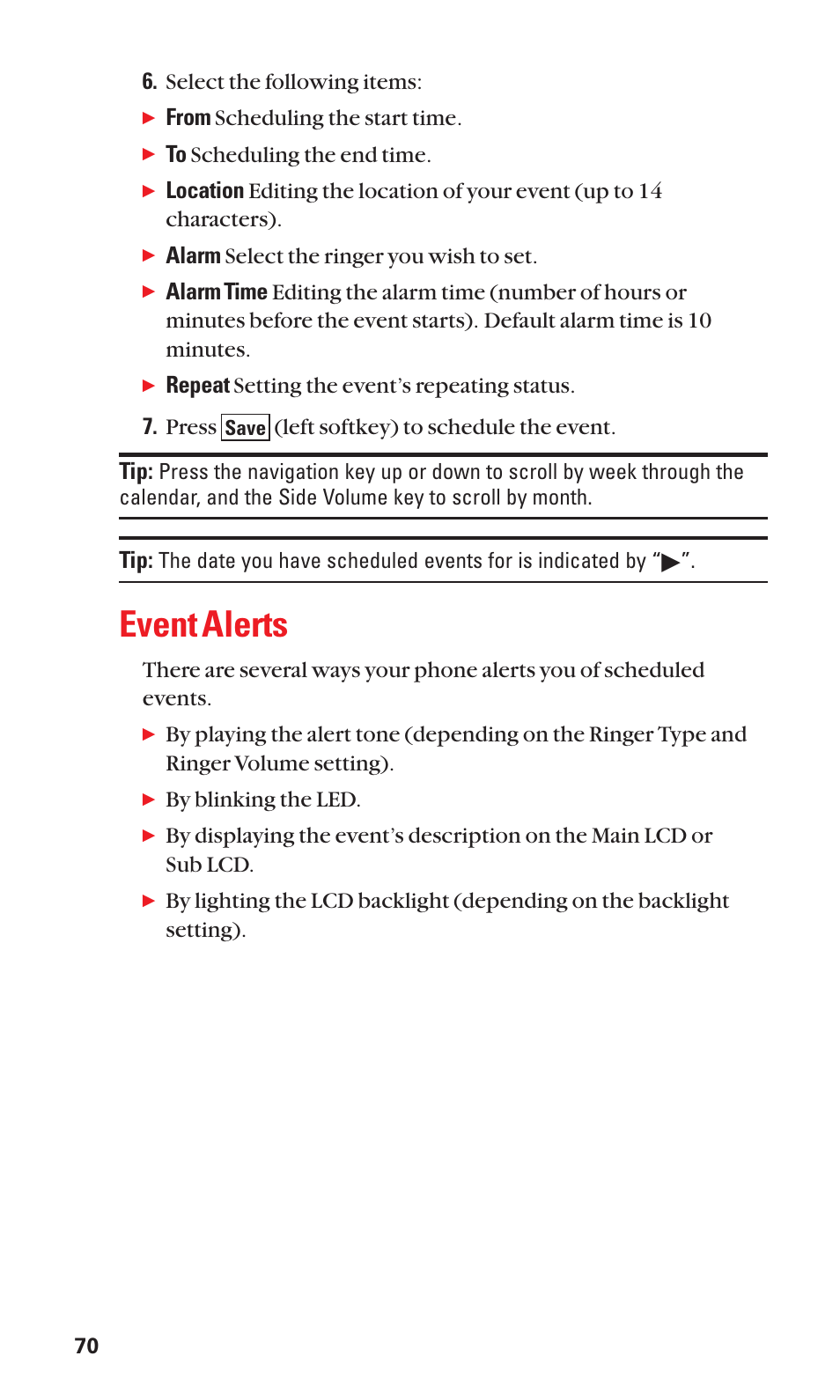 Event alerts | Sanyo BELL SCP-2400 User Manual | Page 78 / 140