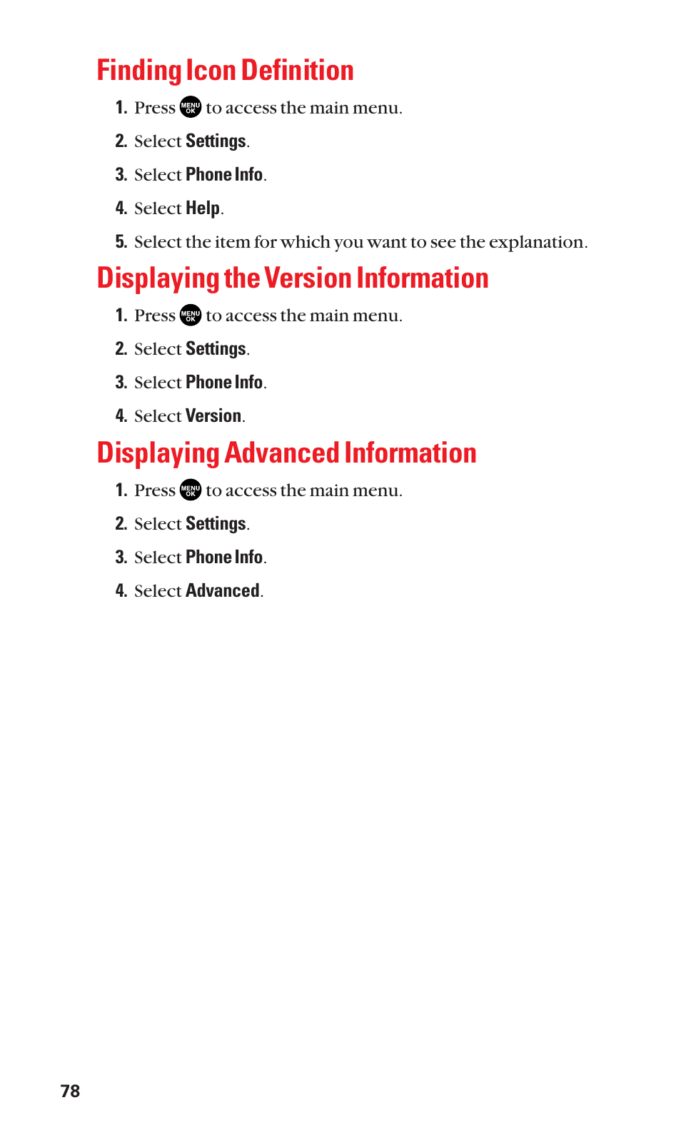 Finding icon definition, Displaying the version information, Displaying advanced information | Sanyo BELL SCP-2400 User Manual | Page 86 / 140