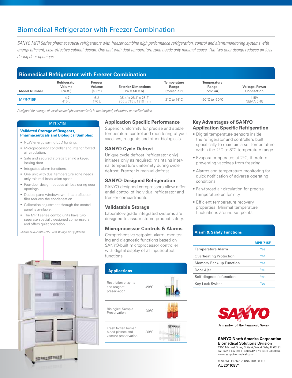 Biomedical refrigerator with freezer combination, Application specific performance, Sanyo cycle defrost | Sanyo-designed refrigeration, Validatable storage, Microprocessor controls & alarms | Sanyo MPR-715F User Manual | Page 2 / 2