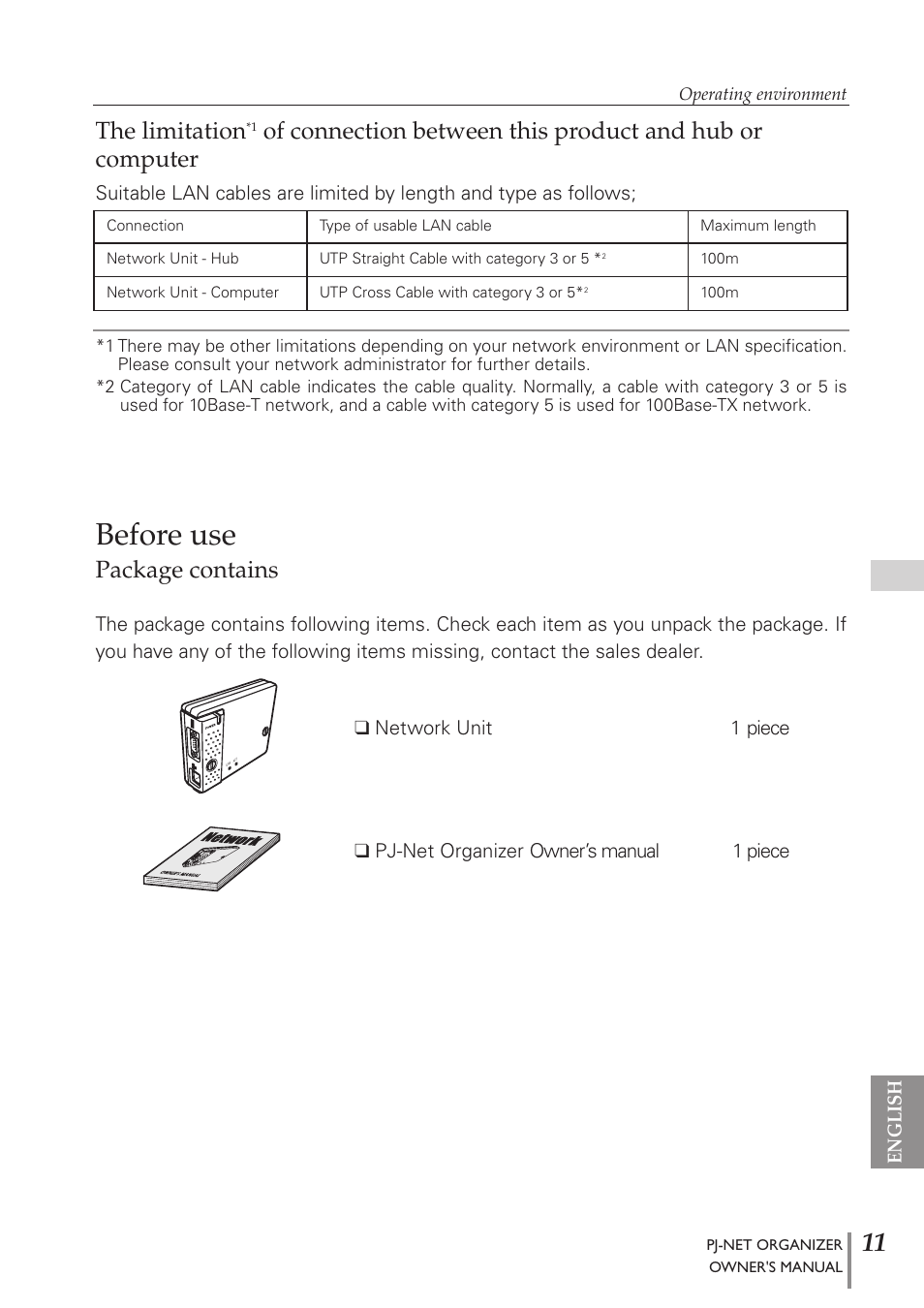 Before use, Package contains, The limitation | Sanyo PJ-Net Organizer Plus POA-PN40 User Manual | Page 11 / 86
