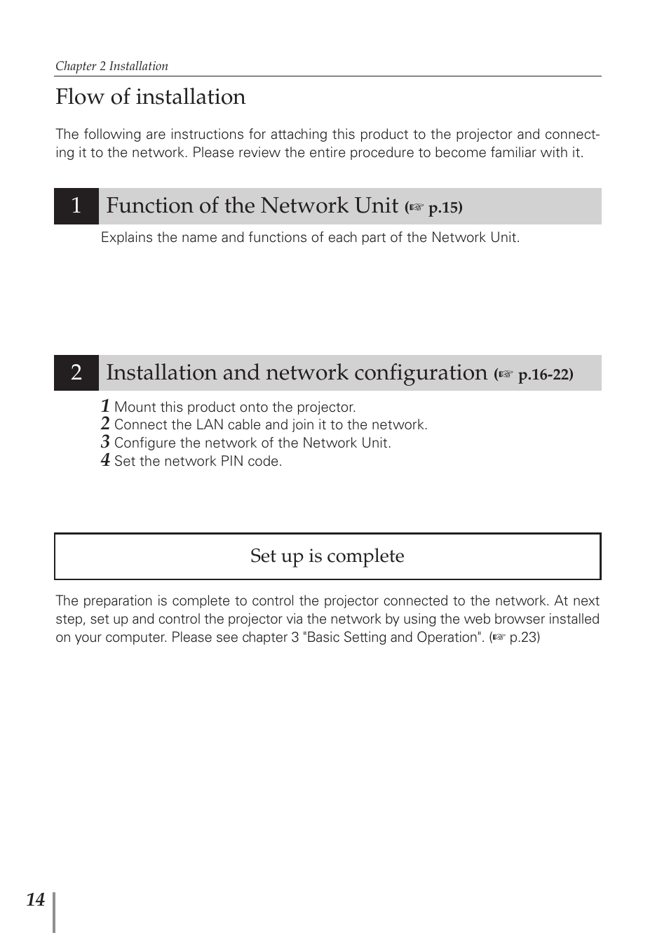 Flow of installation, Function of the network unit, 1installation and network configuration | Sanyo PJ-Net Organizer Plus POA-PN40 User Manual | Page 14 / 86