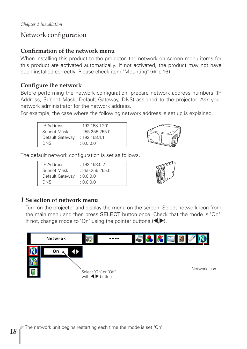 Network configuration, Selection of network menu, Confirmation of the network menu | Configure the network | Sanyo PJ-Net Organizer Plus POA-PN40 User Manual | Page 18 / 86