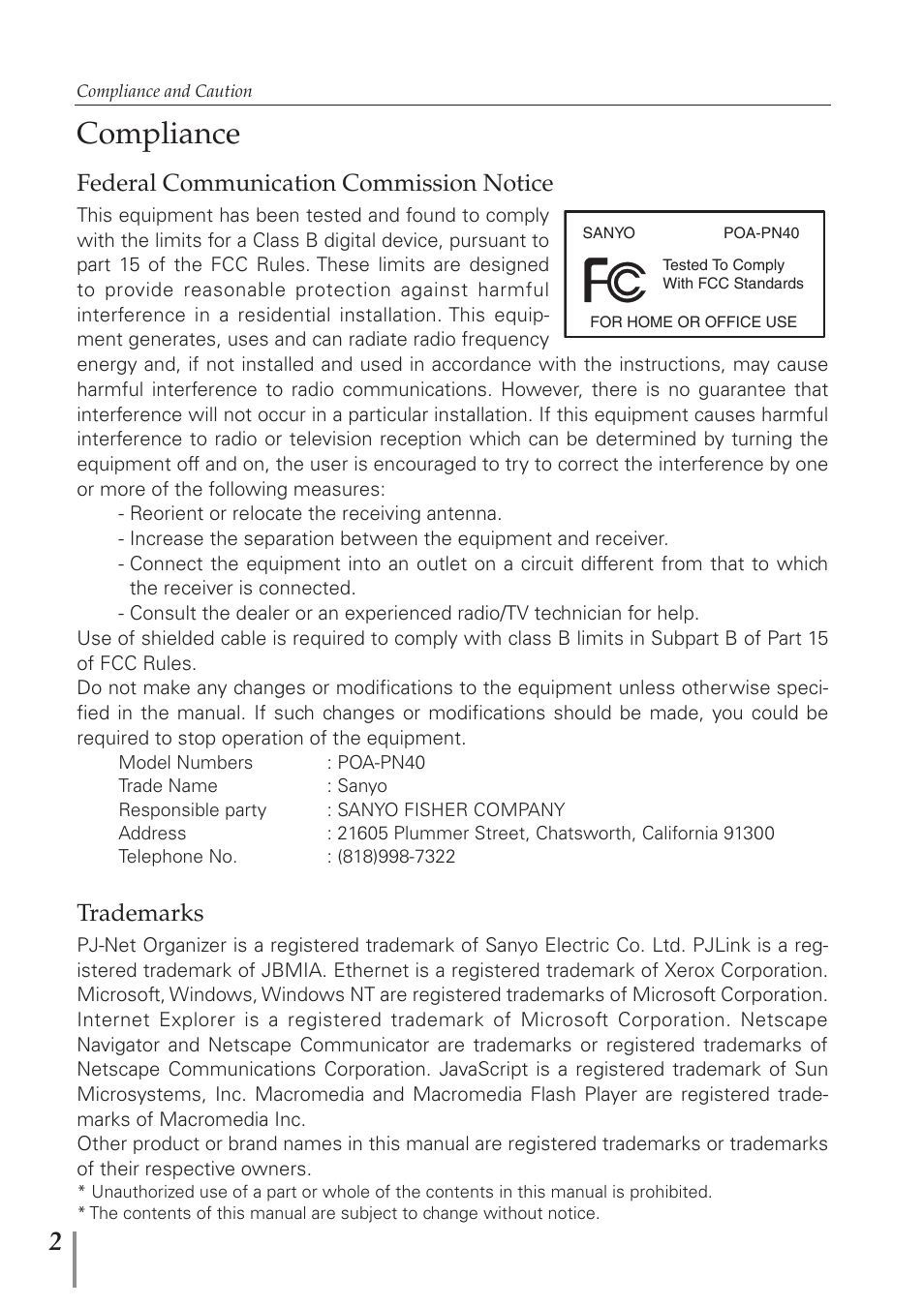 Compliance, Federal communication commission notice, Trademarks | Sanyo PJ-Net Organizer Plus POA-PN40 User Manual | Page 2 / 86