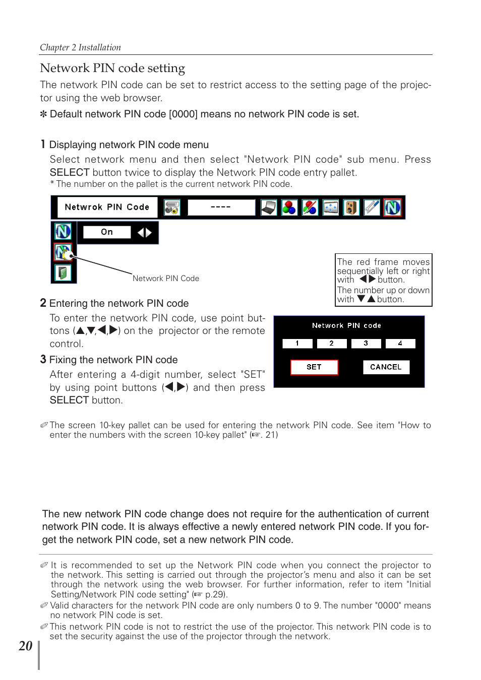 Network pin code setting | Sanyo PJ-Net Organizer Plus POA-PN40 User Manual | Page 20 / 86